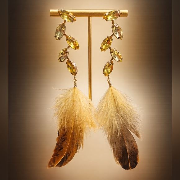 Gem Gold and Brown Feather Earrings - Picture 2 of 2